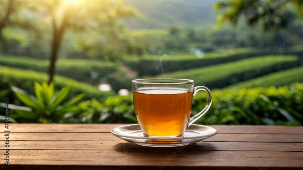 Cup of hot tea on wooden table with tea garden background Cup of hot tea on wooden table with tea garden background
