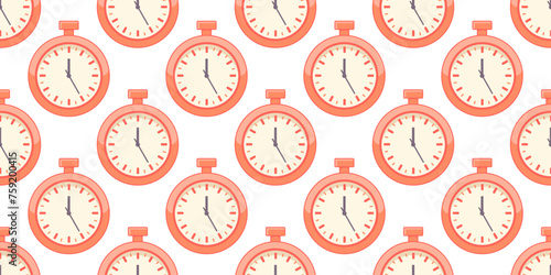 Seamless pattern of timers, stopwatches. Symmetrical Print of an old pocket watch on a white background. Counter, time meter. Chronometer, dial. Flat design. Color image. Vector illustration.
