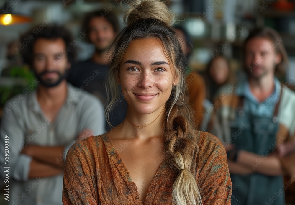 A woman stands in front of a crowd, arms crossed, smiling at a fashion event A woman stands in front of a crowd, arms crossed, smiling at a fashion event