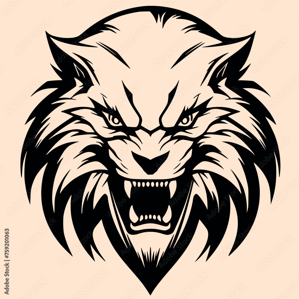 Obraz premium Black and White Sabertooth Outline Silhouette Ornament Vector Art for Logo and Icon, Sketch, Tattoo, Clip Art