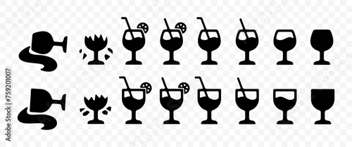 Set of wine glass with alcohol, straw, fallen and broken, graphic design. Drink and drinking, beverage, bar, wine, vermouth and sherry, vector design and illustration