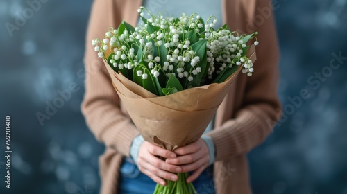 a person holding a bouquet of flowers in front of a blue background and a person wearing a brown cardigan holding a bouquet of flowers in their hands.