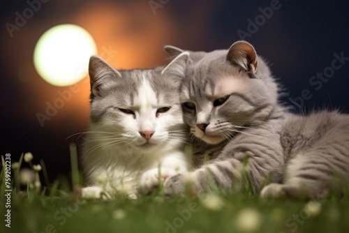 Close-up of two gray cats embracing in grass.
