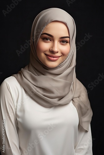 Portrait of islamic woman smiling. Pretty muslim girl. Beautiful asian muslimah woman model posing on grey wall studio. Portrait Of Arab Beauty. copy space - generative ai