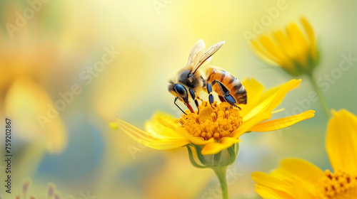 Honey bee on yellow flower collect pollen. Wild nature landscape, banner.