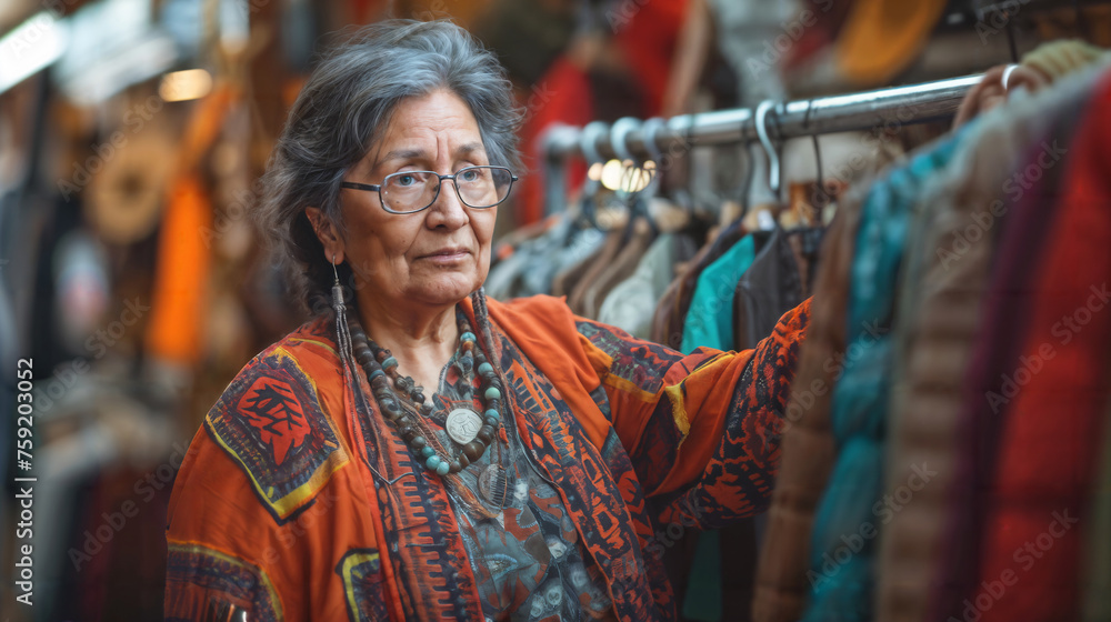 Elderly Woman Browsing Traditional Clothing at Market