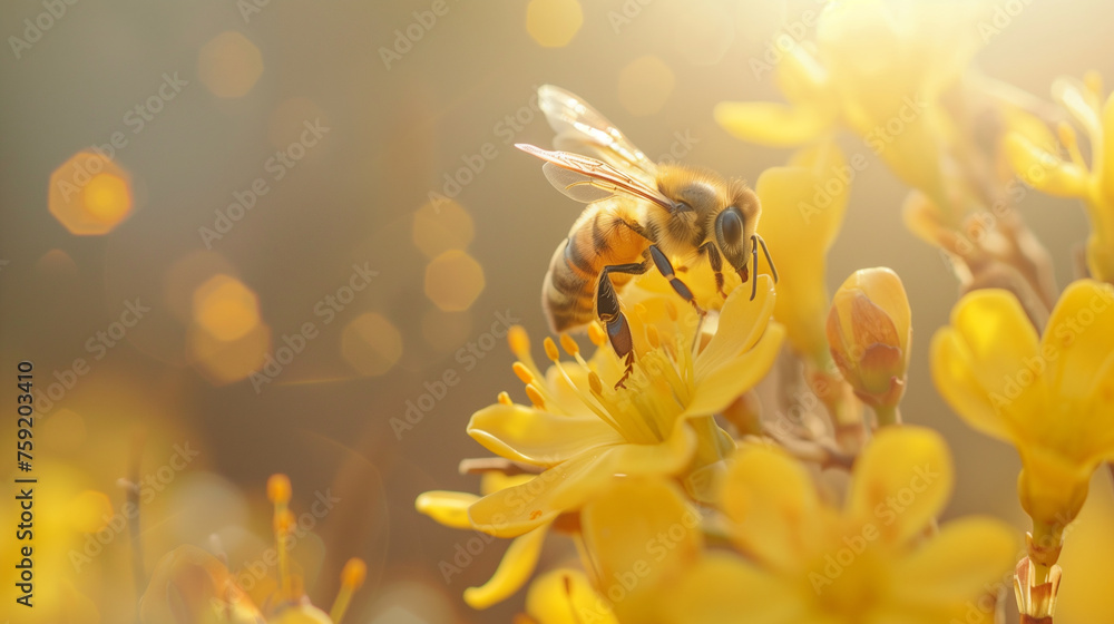 Honey bee on yellow flower collect pollen. Wild nature landscape, banner. - obrazy, fototapety, plakaty 
