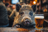 A Wild Boar Sitting at the Bar and Enjoying a Beer