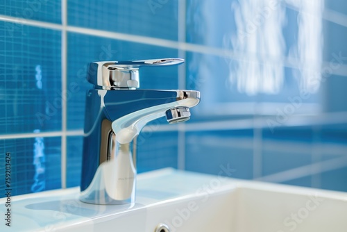 Closeup of shiny modern chrome bathroom faucet ideal for DIY home projects. Concept DIY Home Projects  Bathroom Renovation  Modern Faucet Design  Chrome Fixtures  Interior Design