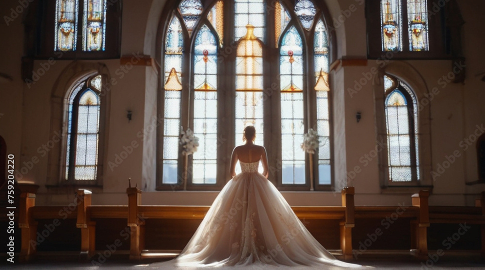 Back view of bride in long elegant wedding dress in the church with beautiful light coming through window Back view of bride in long elegant wedding dress in the church with beautiful light coming through window