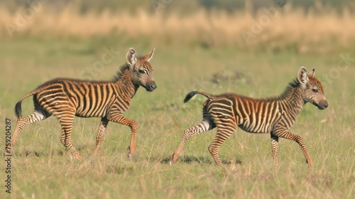 a couple of zebras walking across a field of tall grass with another zebra in the background and another zebra in the foreground.