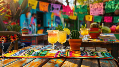 Festive outdoor setting for Cinco de Mayo with colorful margaritas on a vibrant tablecloth, complete with salt-rimmed glasses and lime garnishes, beer bottles, and traditional papel picado
