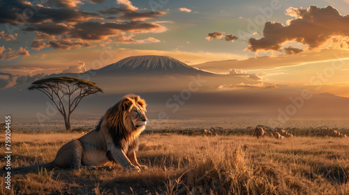 Lion portrait on savanna landscape background and Mount Kilimanjaro at sunset photo