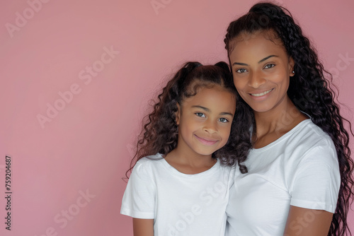 Madre e hija afroamericanas con pelo largo rizado, abrazadas con camiseta blanca sobre fondo rosa