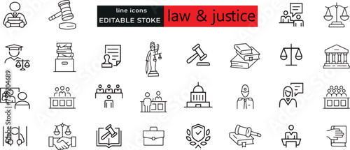 Ensemble d'icônes juridiques, juridiques et judiciaires