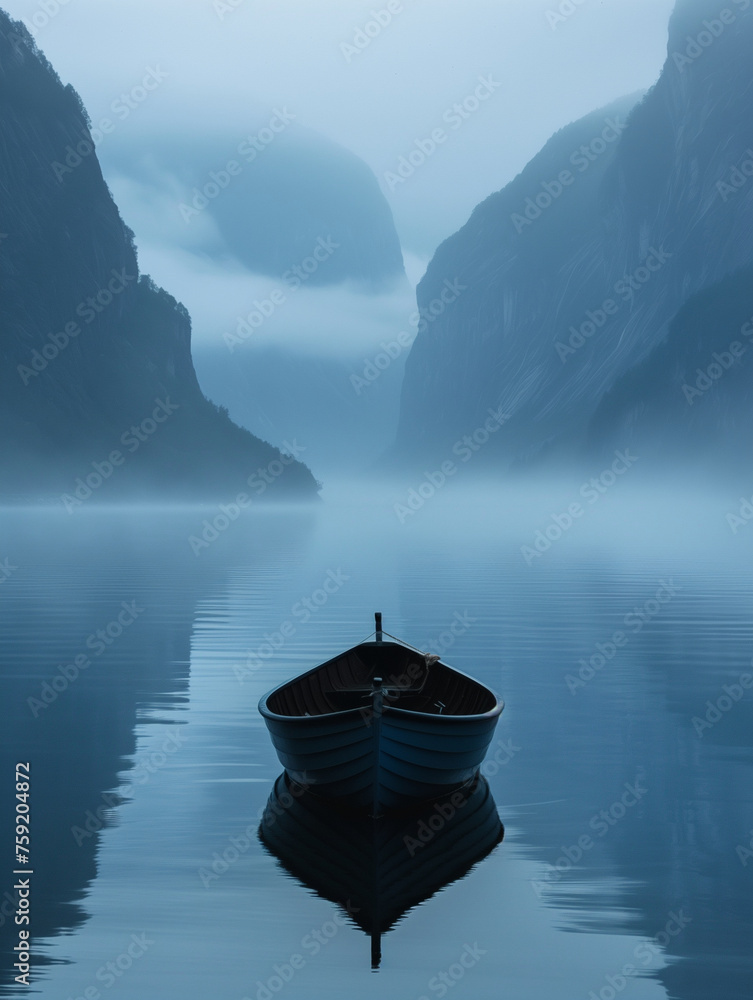 Ein Boot auf einem See, Nebel über dem See, in einer Berglandschaft, Außenaufnahme - obrazy, fototapety, plakaty 