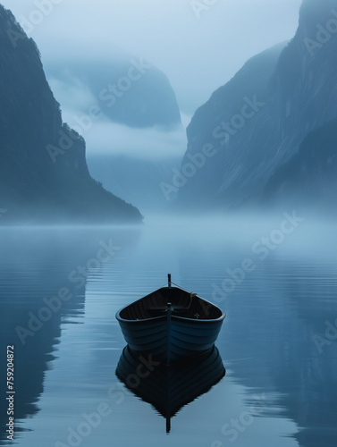 Ein Boot auf einem See, Nebel über dem See, in einer Berglandschaft, Außenaufnahme