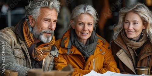 A group of three people dressed in warm clothes sitting at a table with a map and a cup of coffee.