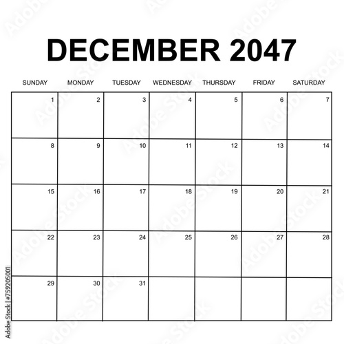 december 2047. monthly calendar design. week starts on sunday. printable, simple, and clean vector design isolated on white background.