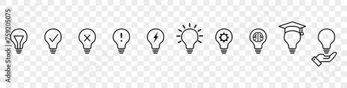 Collection of light bulb icons. Lamp, ideas icons collection. Collection of linear light bulb icons on a transparent background vector eps10