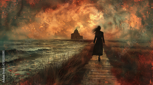 Eine Frau läuft einen Weg entlang, roter Himmel, karge Landschaft, Illustration