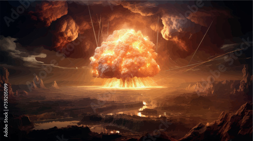 Big explosion with smoke and ash. Eruption. Explosion of a nuclear bomb vector illustration. Mushroom cloud. Bomb detonation. Attack, war, end of the world. Earthquake, magma, lava.