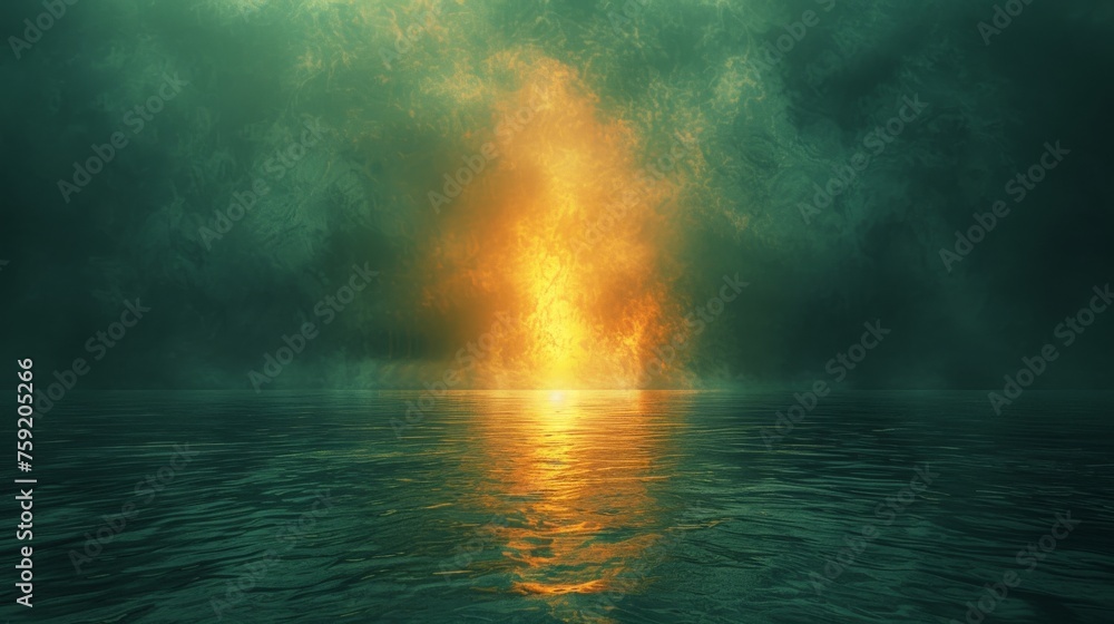 There is a textured paper overlay and grain pattern visible at 100% on this image of fog and mist rising from a pool of yellow and green light.