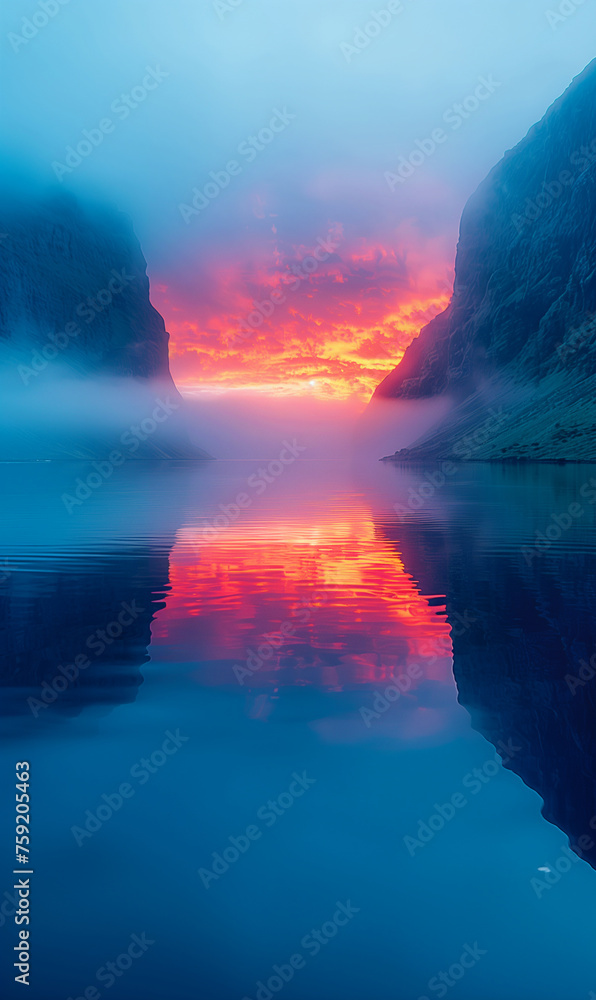 Roter Sonnenaufgang über einem See mit Nebel, Berglandschaft, Außenaufnahme, Spiegelungen im Wasser - obrazy, fototapety, plakaty 
