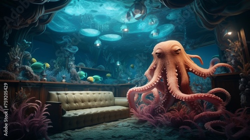Immerse yourself in the otherworldly realm of an octopus, surrounded by the rich textures of its underwater home.