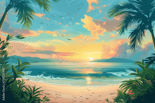 tropical beach with palm trees and sea