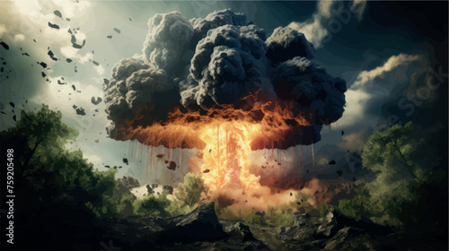 Big explosion with smoke and ash. Eruption. Explosion of a nuclear bomb vector illustration. Mushroom cloud. Bomb detonation. Attack, war, end of the world. Earthquake, magma, lava.