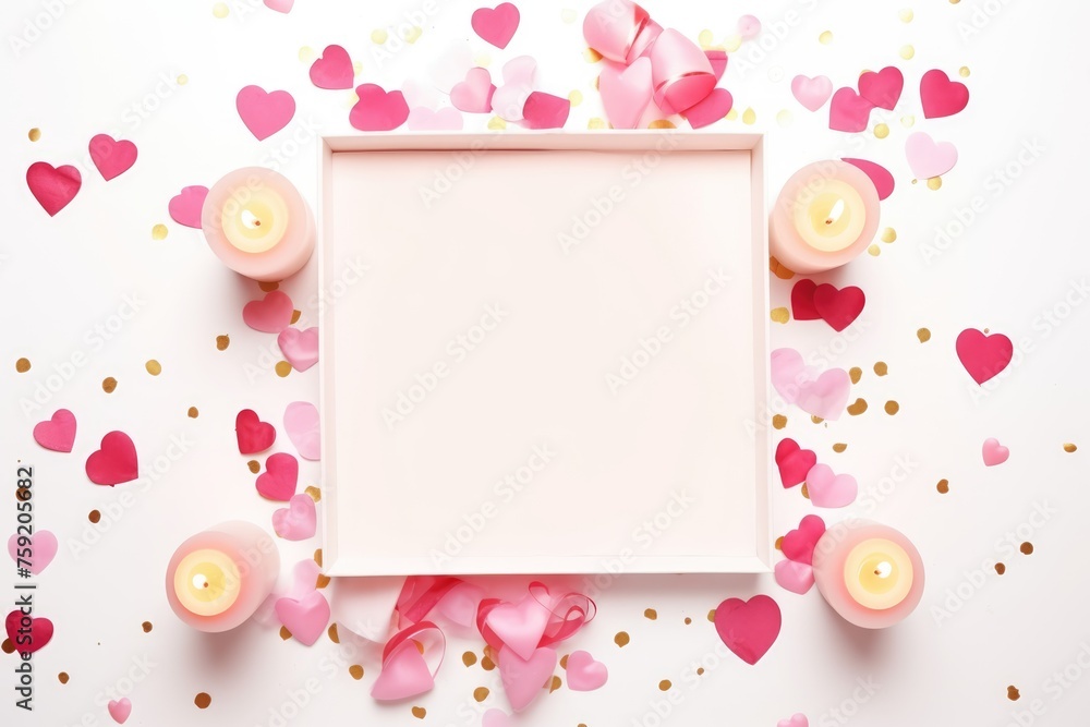 Pink pastel background featuring a blank Valentine's frame, candles, ribbons, and heart-shaped confetti.