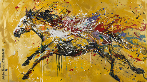 Peinture à l'huile abstraite dynamique : un chef-d'œuvre de l'art moderne - Cheval d'or sur toile, coups de peinture et technique de peinture au couteau