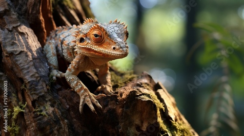 In the heart of the forest, a frill-necked lizard adopts the guise of the tree trunk, its camouflage rendering it invisible to unsuspecting eyes.