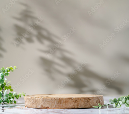 Wooden podium with leaves (ID: 759206053)