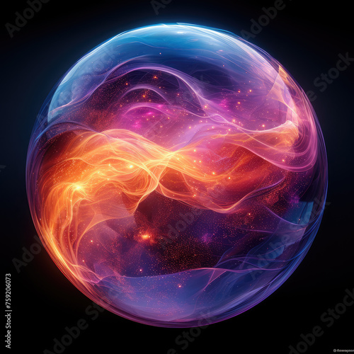 Abstract neon energy sphere of particles and waves of magical glowing on a dark background, circle and loop frames with magic purple and pink flame and sparks
