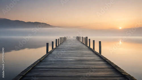 Wooden pier at misty dawn in a still sea with winter smoke, Generative AI © Graphic ELE