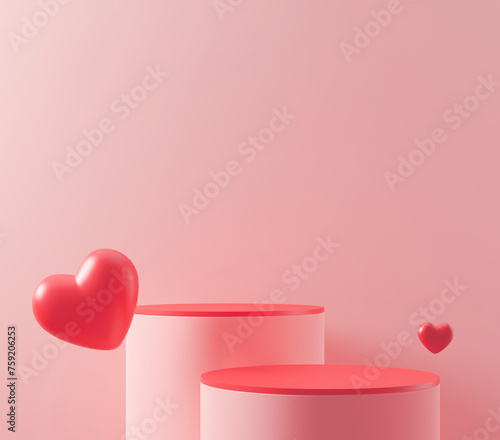 Two podiums with red hearts flying in the air. Valentine's Day, Mother's Day, Wedding. Podium for product.
