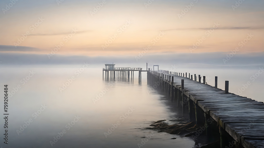 Wooden pier at misty dawn in a still sea with winter smoke, Generative AI Wooden pier at misty dawn in a still sea with winter smoke, Generative AI