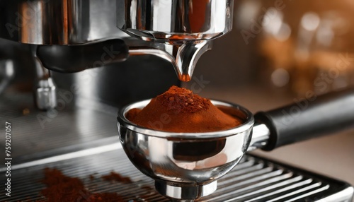 close up ,Ground coffee pouring into the professional coffee machine portafilter.