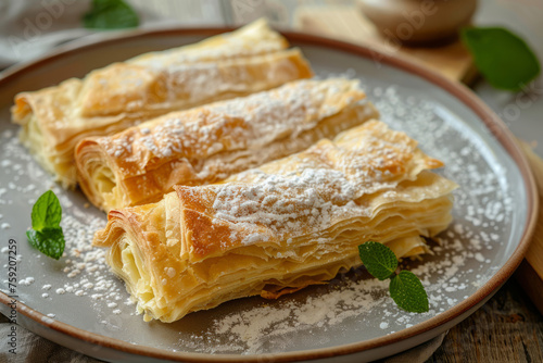 Sweet strudel with cream cheese on a plate. Generative AI