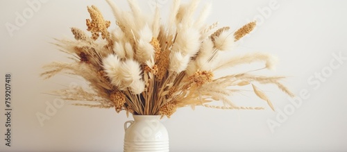 A white vase filled with dried woolflowers and twigs is decoratively displayed on a table, adding a touch of nature to the room photo