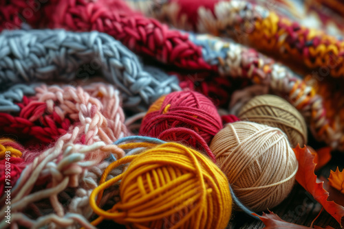 Cozy variety of colorful yarn for knitting and unfinished knitted work. The concept of hobby and comfort. Generative AI