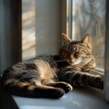 A cat laying on a window sill with its eyes closed. Generative AI.