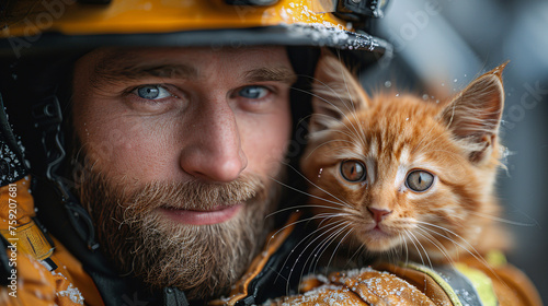 fireman with a small kitten in his arms