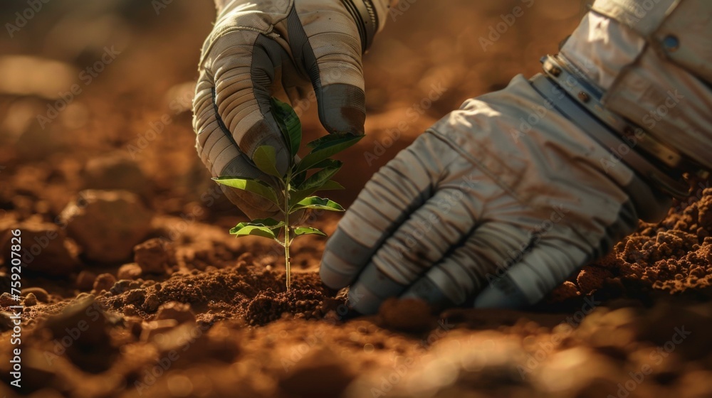 Naklejka premium A person in astronaut gloves planting a small plant. Generative AI.