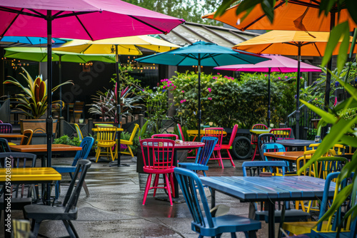 Outdoor patio with umbrellas shading colorful dining tables. Generative AI © barmaleeva