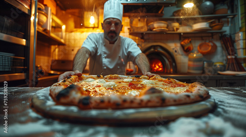 Chef presenting a fresh pizza with a fiery oven in the background.