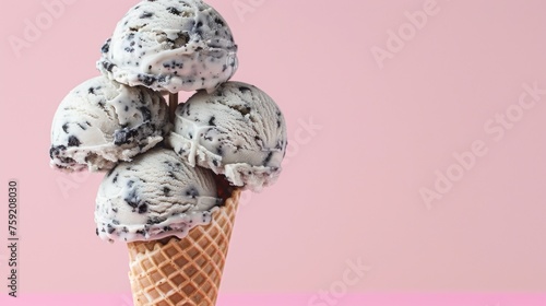 three scoops of ice cream in a waffle cone on a pink background with a pink wall in the background. photo