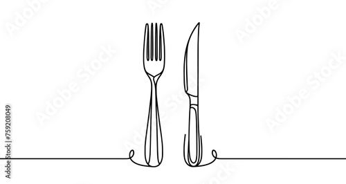 Knife and fork. Hand drawn cutlery. Abstract linear knife and fork isolated on white